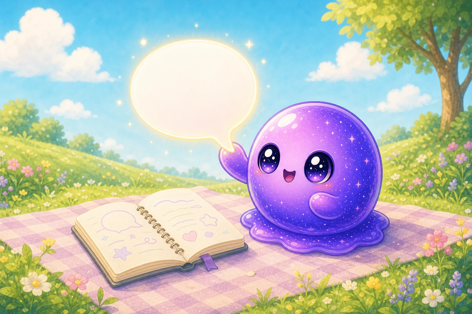 Polly holding a glowing blank speech bubble beside an open notebook in a sunny meadow.