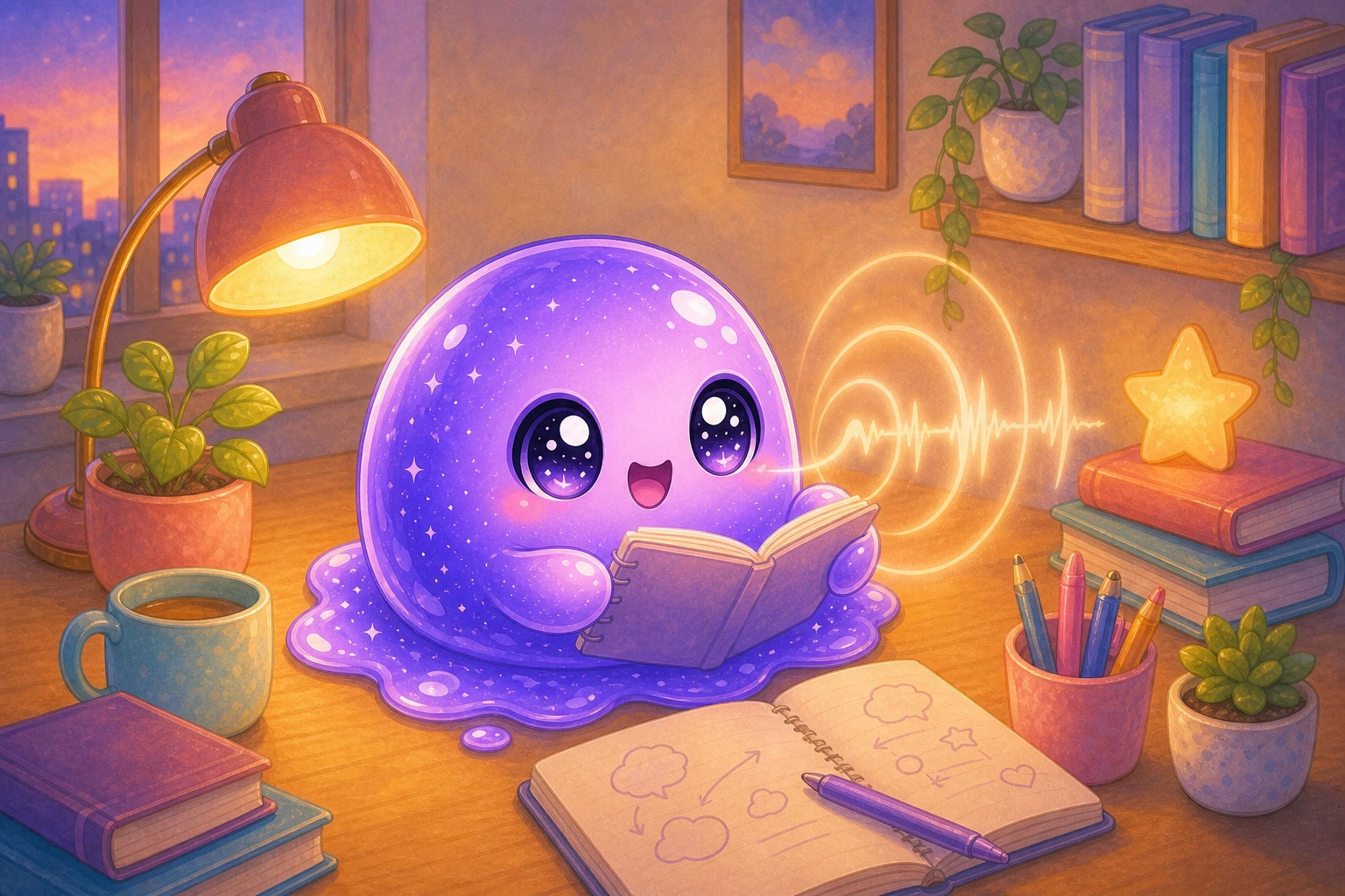 Polly reading aloud from a notebook with glowing voice waves in a cozy study room.