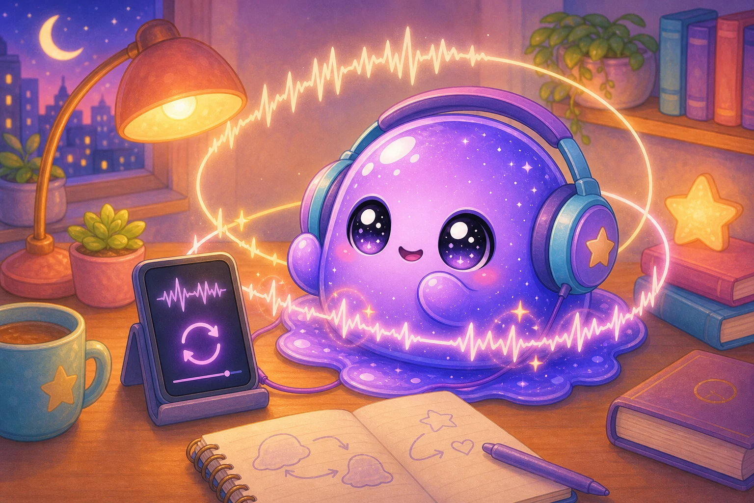 Polly wearing headphones while replaying a glowing audio waveform.